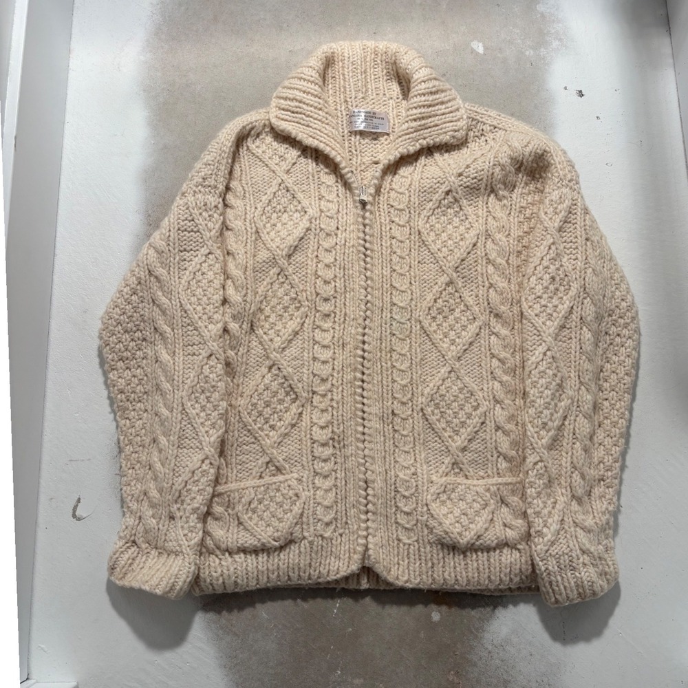 Sandina Handicrafts Wool Cable Knit Cardigan Sweater Cream Full Zip Ecuador L